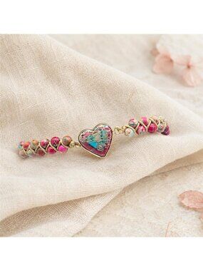 Pink Turquoise Sea Sediment Jasper Heart Macrame Slider Bracelet Gold Tone